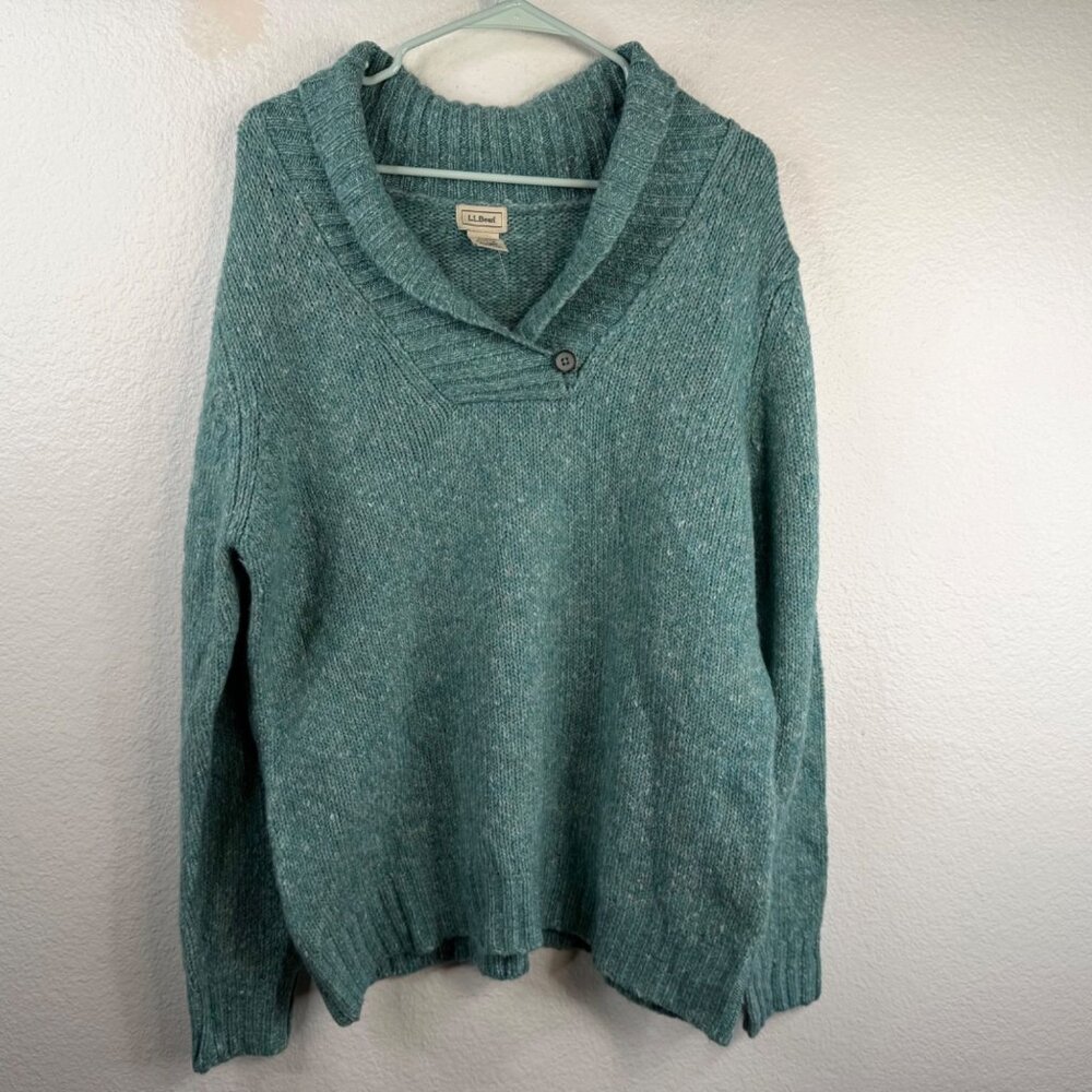 NWOT LL Bean Women's Sweater Blue Sz XL Shawl Neck Wool Blend Chunky Preppy